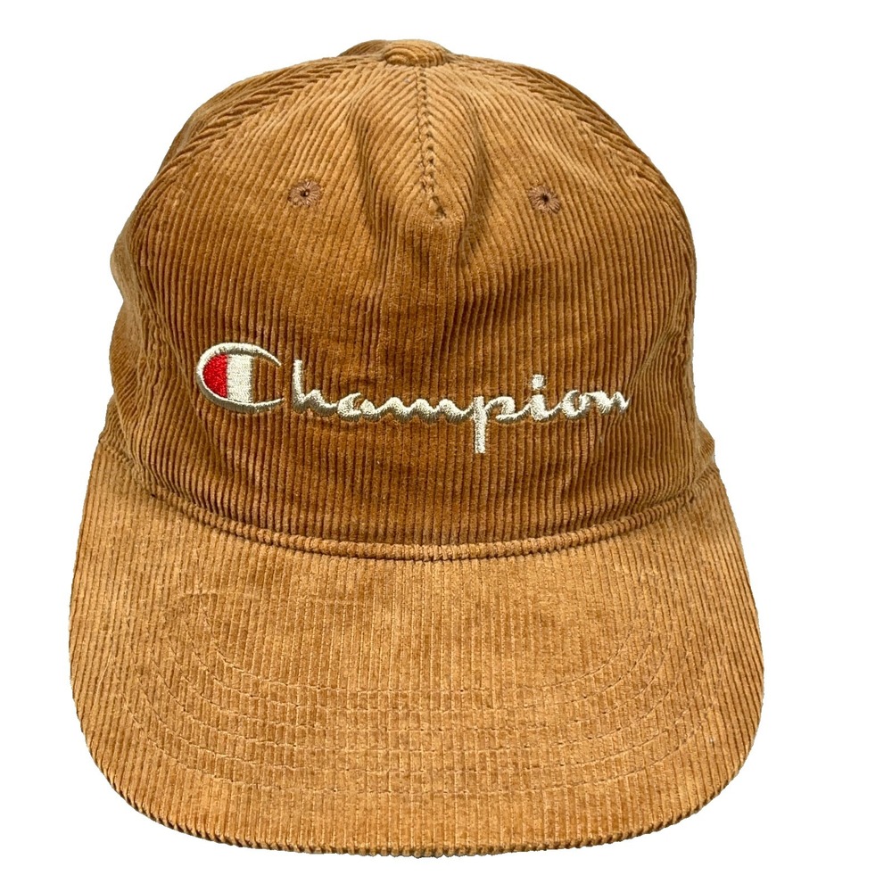 Champion Hat Cap Leather Strap Back Brown Corduroy Dad Adjustable Mens Cord